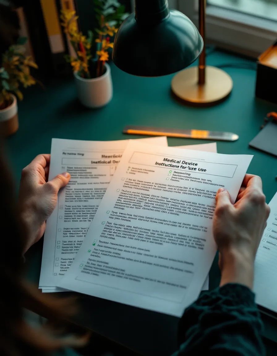 A reviewer’s hands checking a printed English device manual page against its Japanese translation, a ruler laid along the warning box