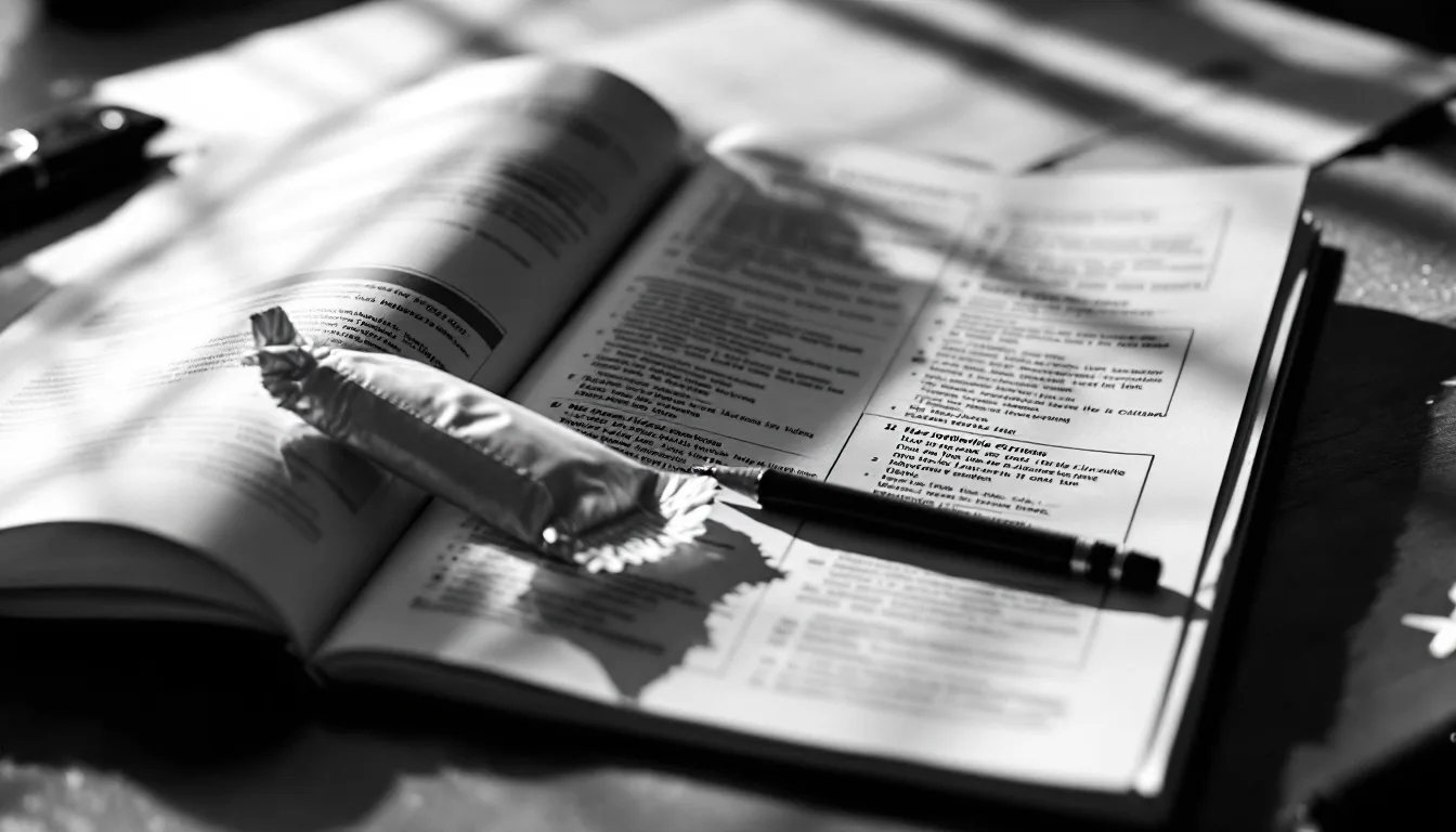 A printed medical device manual with multilingual warning text on a reviewer’s desk, a sterile instrument pouch and a pencil beside it, in black and white